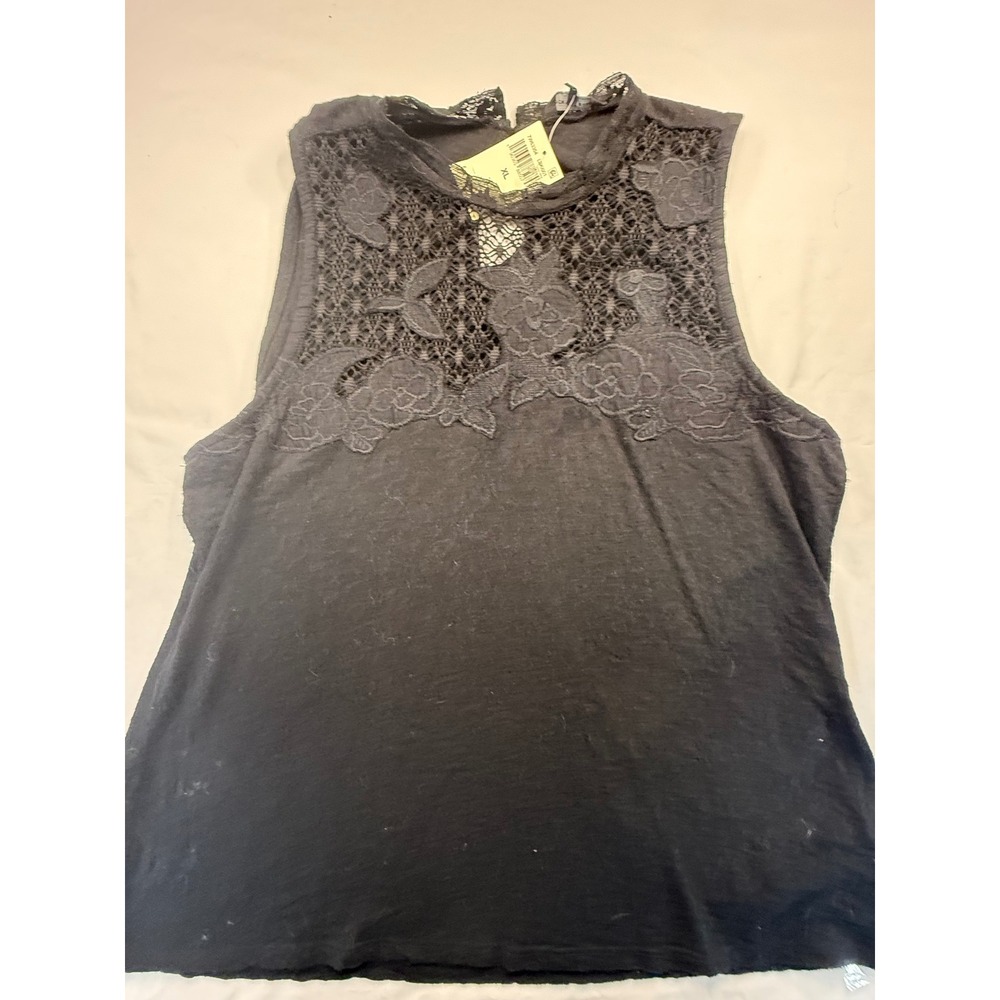 Lucky Brand Womens Black Crochet Lace Yoke Sleeveless Mock Neck Top XL 7W63354
